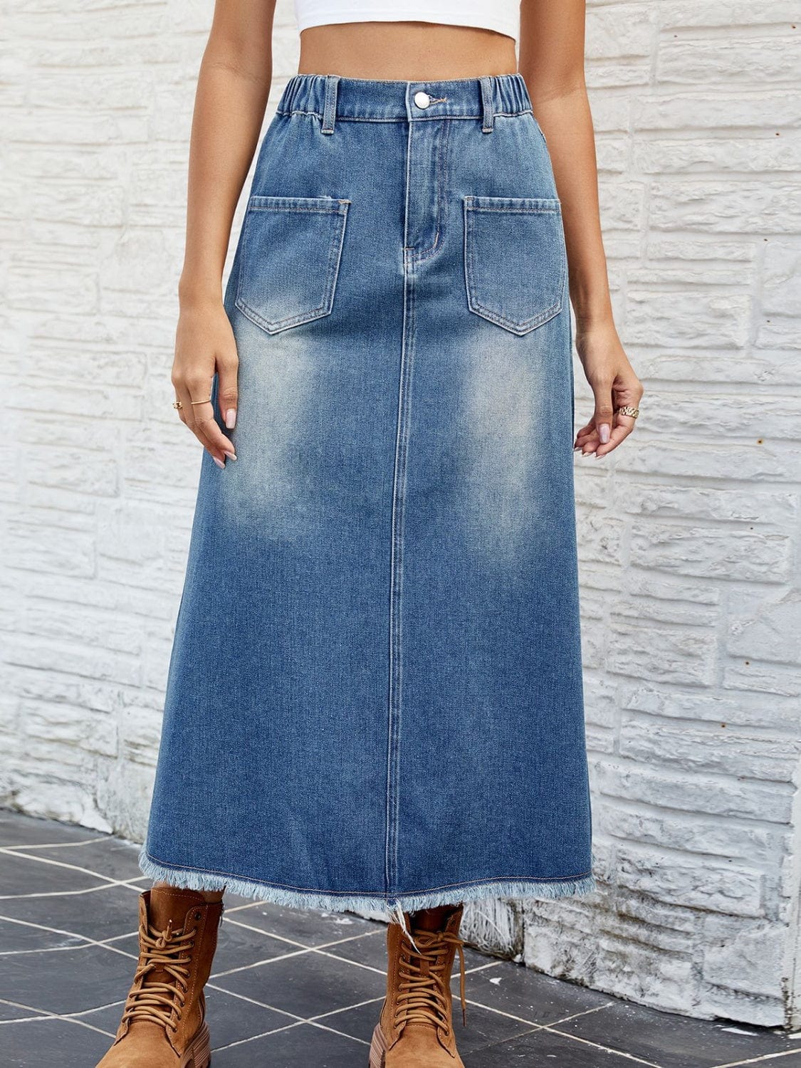 Trendsi Dusty  Blue / S Raw Hem Buttoned Denim Skirt with Pockets Raw Hem Buttoned Denim Skirt with Pockets