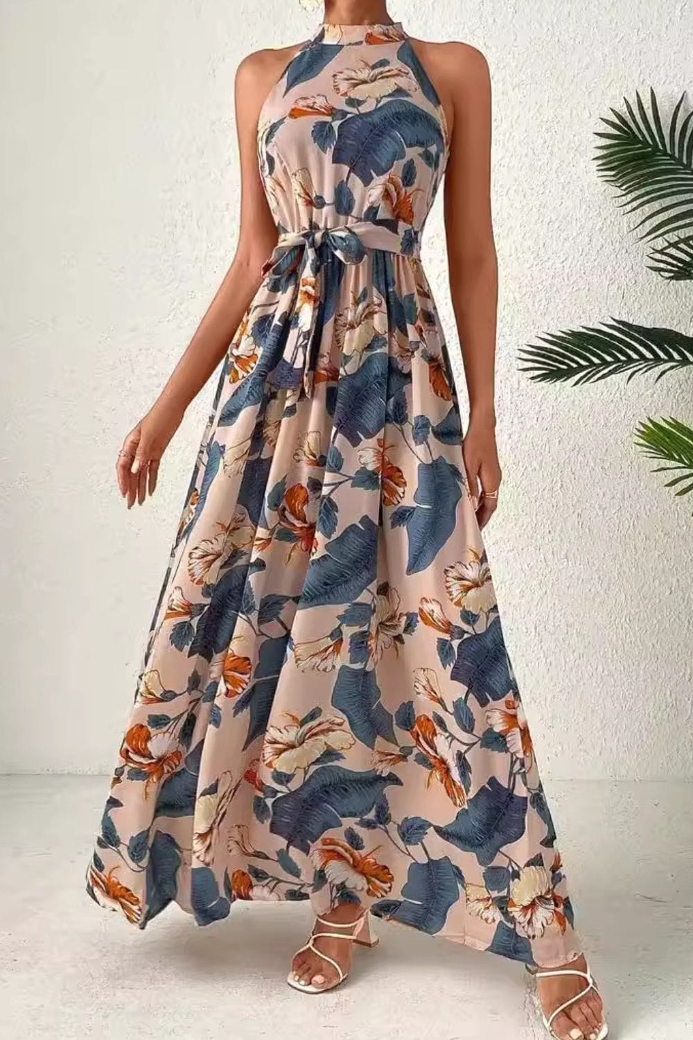 Trendsi Dusty Blue / S Tied Floral Sleeveless Dress Tied Floral Sleeveless Dress