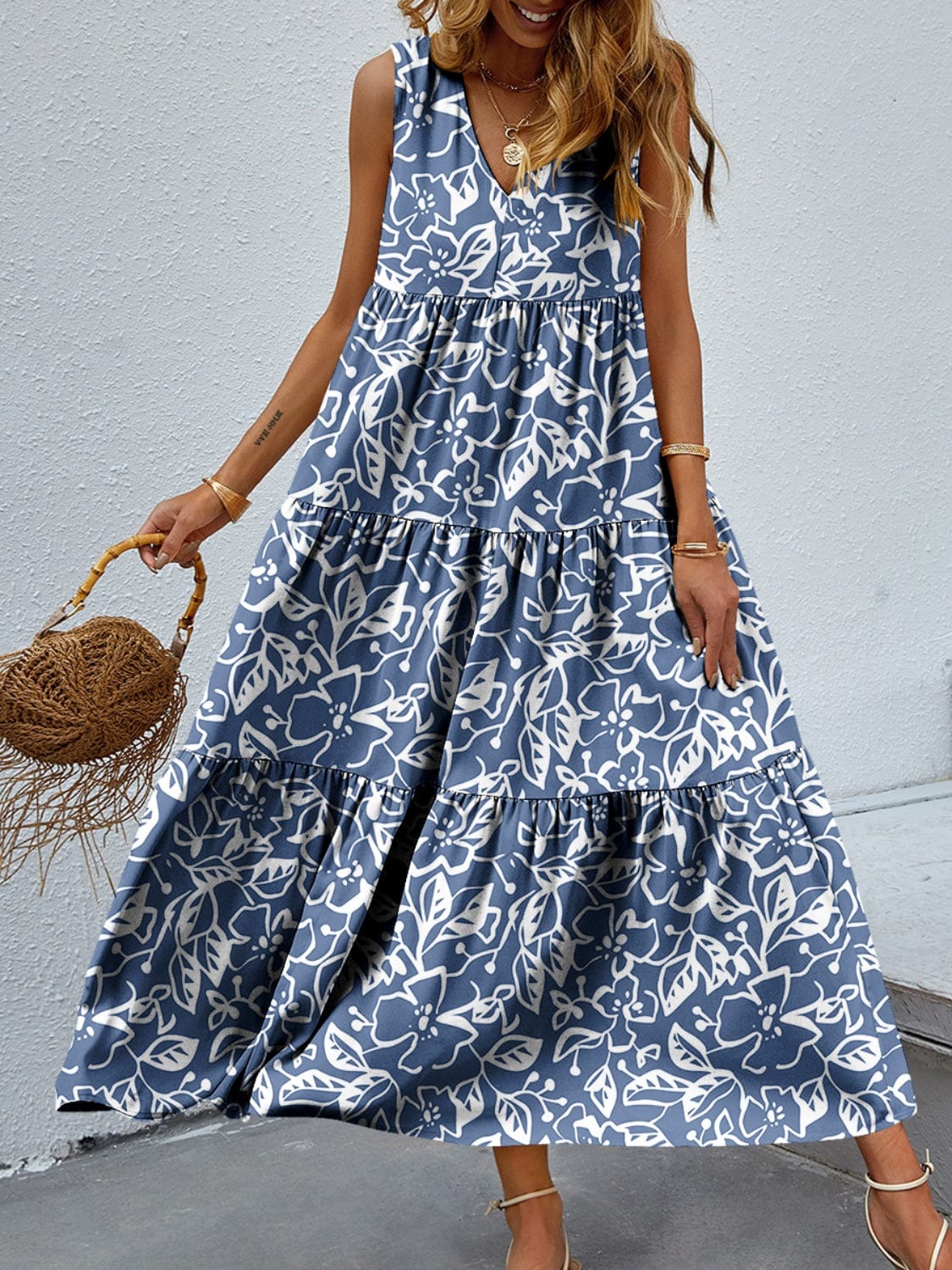 Trendsi Dusty Blue / S Tiered Printed V-Neck Sleeveless Dress Tiered Printed V-Neck Sleeveless Dress
