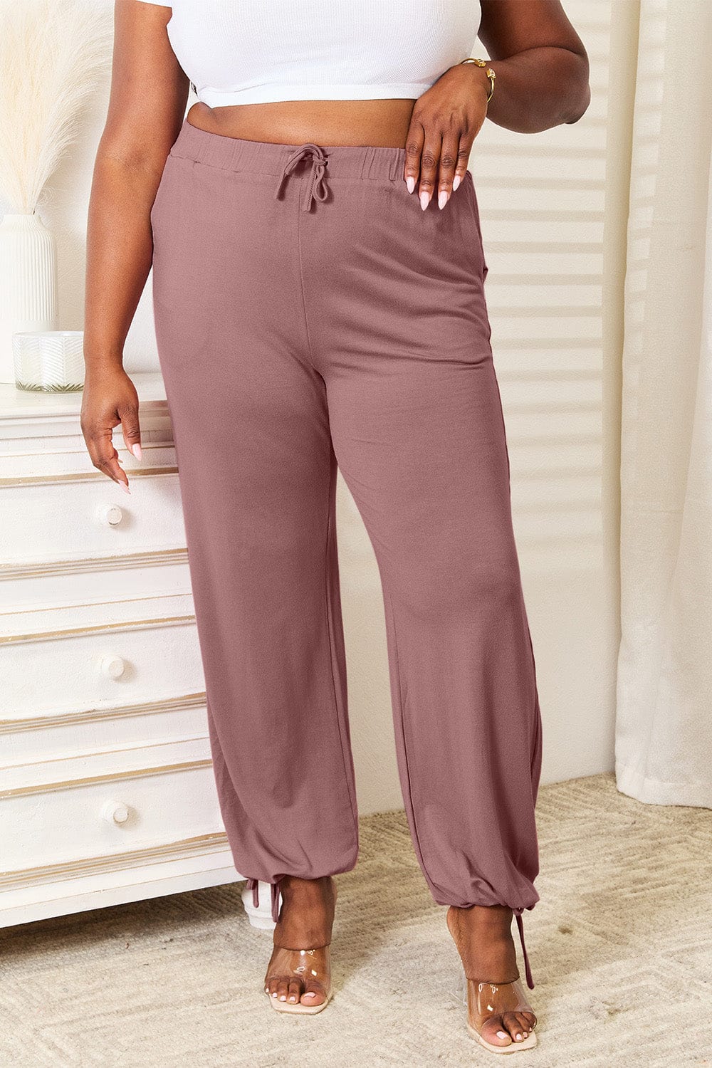 Trendsi Dusty Pink / S Basic Bae Full Size Soft Rayon Drawstring Waist Pants with Pockets Basic Bae Full Size Soft Rayon Drawstring Waist Pants with Pockets