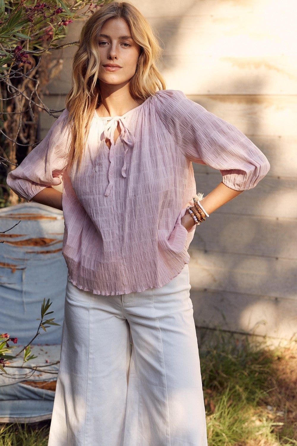 Trendsi Dusty Pink / S In February Textured Tie Neck Blouse In February Textured Tie Neck Blouse