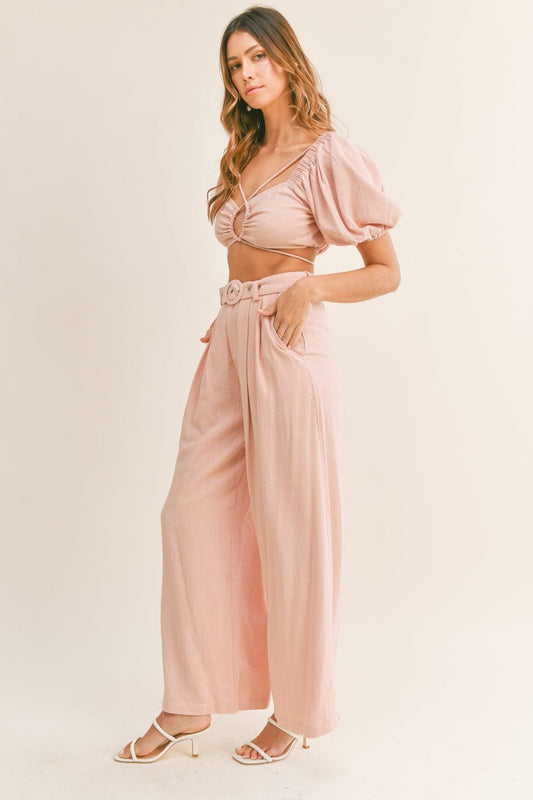 Trendsi Dusty Pink / S MABLE Cut Out Drawstring Crop Top and Belted Pants Set MABLE Cut Out Drawstring Crop Top and Belted Pants Set
