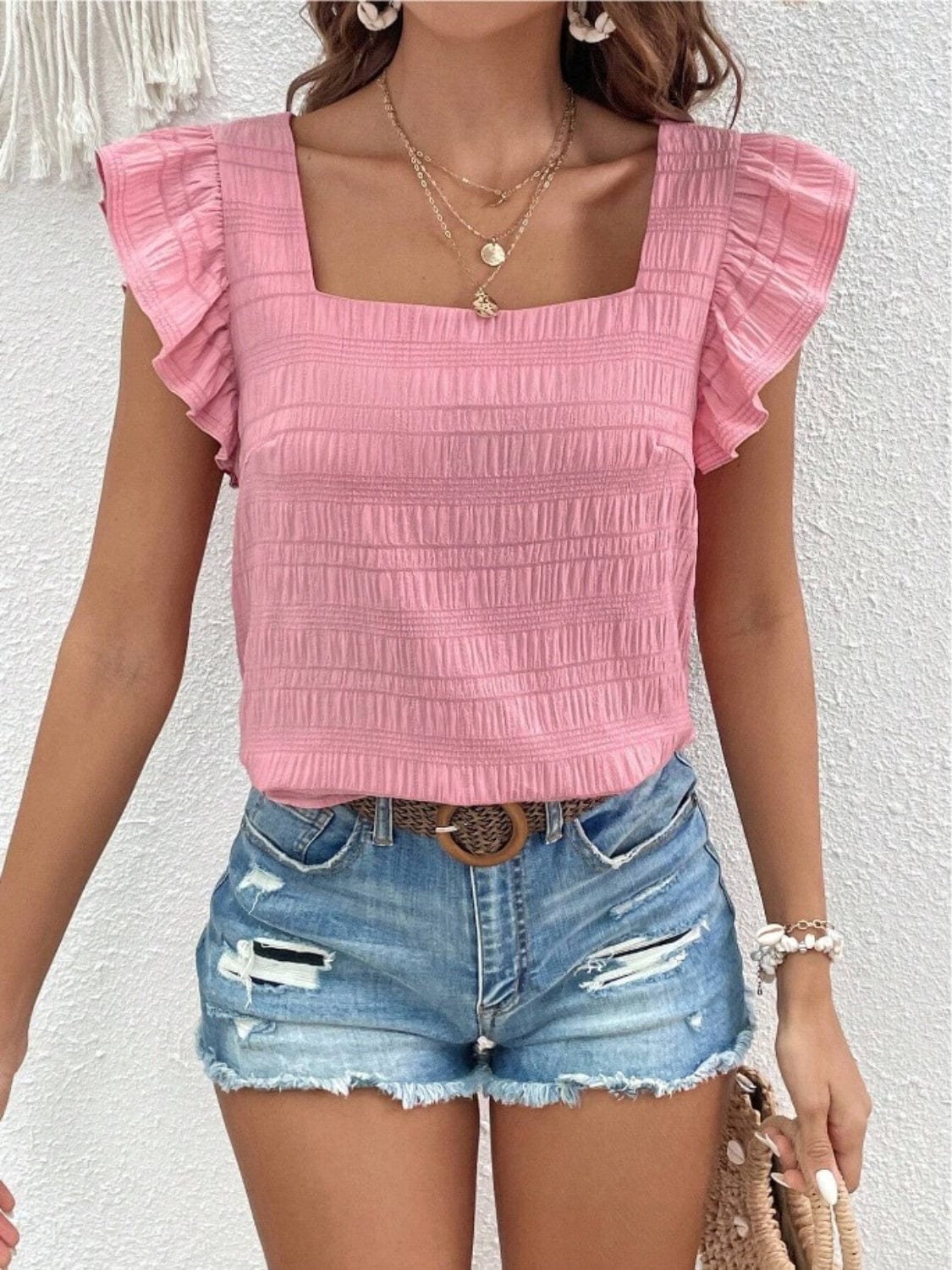Trendsi Dusty Pink / S Ruffled Square Neck Cap Sleeve Blouse Ruffled Square Neck Cap Sleeve Blouse