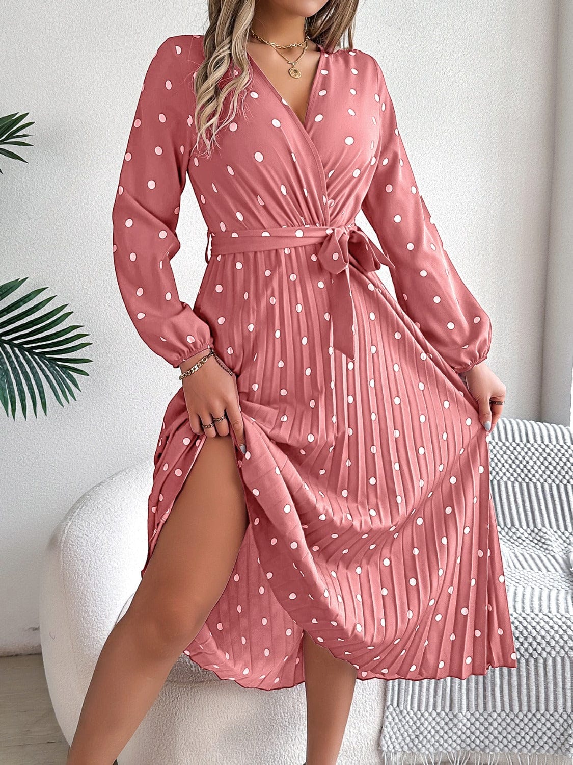 Trendsi Dusty Pink / S Tied Polka Dot Long Sleeve Midi Dress Tied Polka Dot Long Sleeve Midi Dress