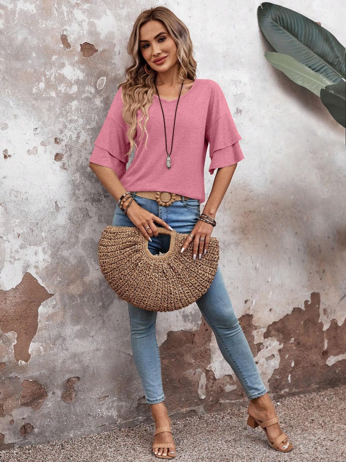 Trendsi Dusty Pink / S V-Neck Half Sleeve Blouse V-Neck Half Sleeve Blouse