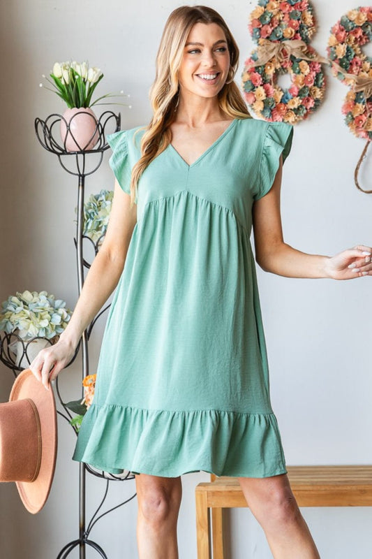 Trendsi Dusty Sage / S Heimish Full Size Short Sleeve V Neck Ruffled Hem Dress Heimish Full Size Short Sleeve V Neck Ruffled Hem Dress