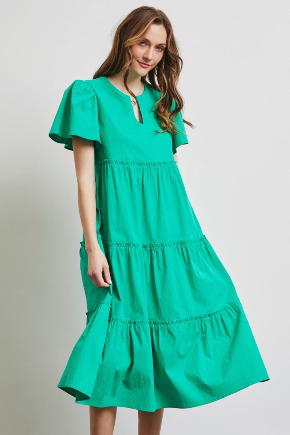 Trendsi Emerald Green / S HEYSON Full Size Cotton Poplin Ruffled Tiered Midi Dress HEYSON Full Size Cotton Poplin Ruffled Tiered Midi Dress