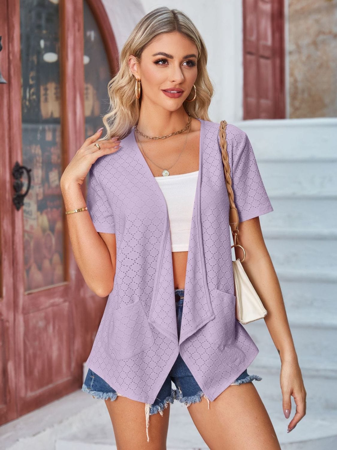 Trendsi Eyelet Open Front Short Sleeve Cover Up Eyelet Open Front Short Sleeve Cover Up