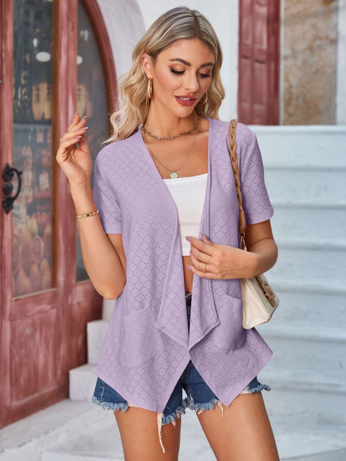 Trendsi Eyelet Open Front Short Sleeve Cover Up Eyelet Open Front Short Sleeve Cover Up