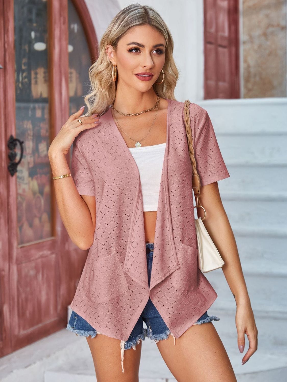 Trendsi Eyelet Open Front Short Sleeve Cover Up Eyelet Open Front Short Sleeve Cover Up