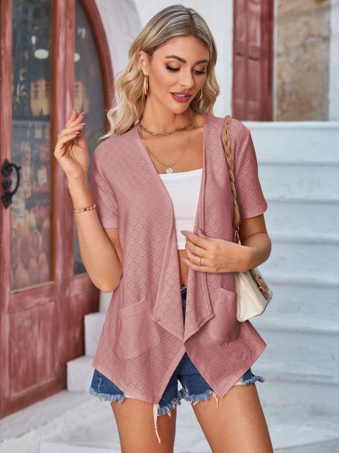 Trendsi Eyelet Open Front Short Sleeve Cover Up Eyelet Open Front Short Sleeve Cover Up