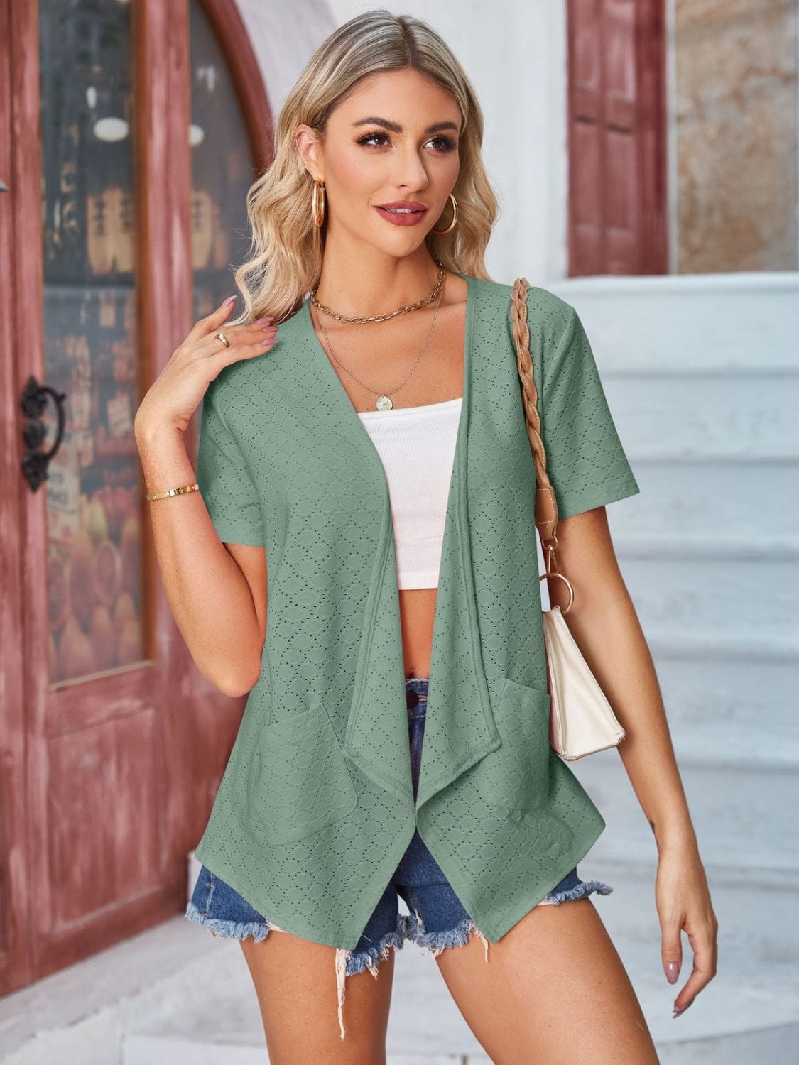 Trendsi Eyelet Open Front Short Sleeve Cover Up Eyelet Open Front Short Sleeve Cover Up