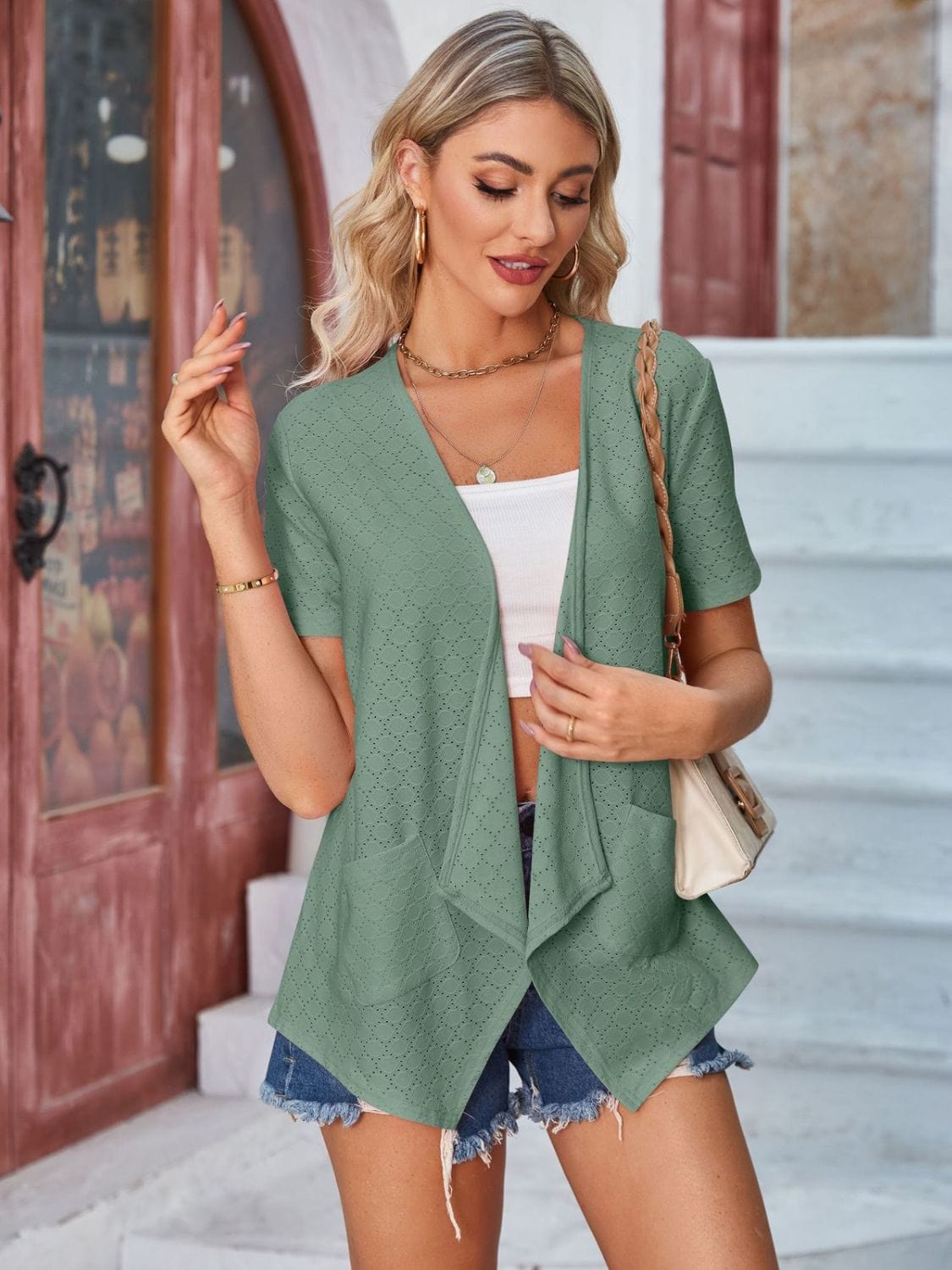 Trendsi Eyelet Open Front Short Sleeve Cover Up Eyelet Open Front Short Sleeve Cover Up