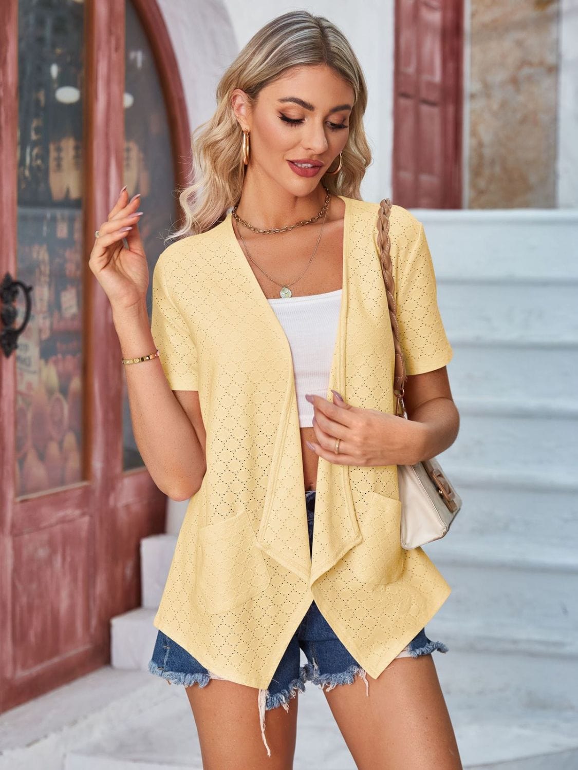 Trendsi Eyelet Open Front Short Sleeve Cover Up Eyelet Open Front Short Sleeve Cover Up