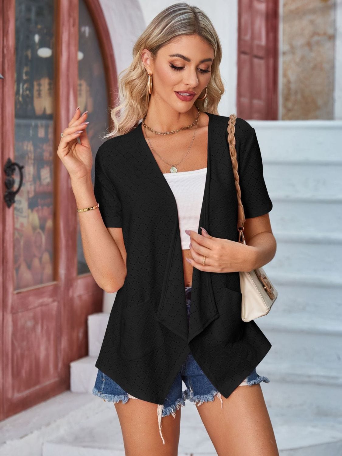 Trendsi Eyelet Open Front Short Sleeve Cover Up Eyelet Open Front Short Sleeve Cover Up