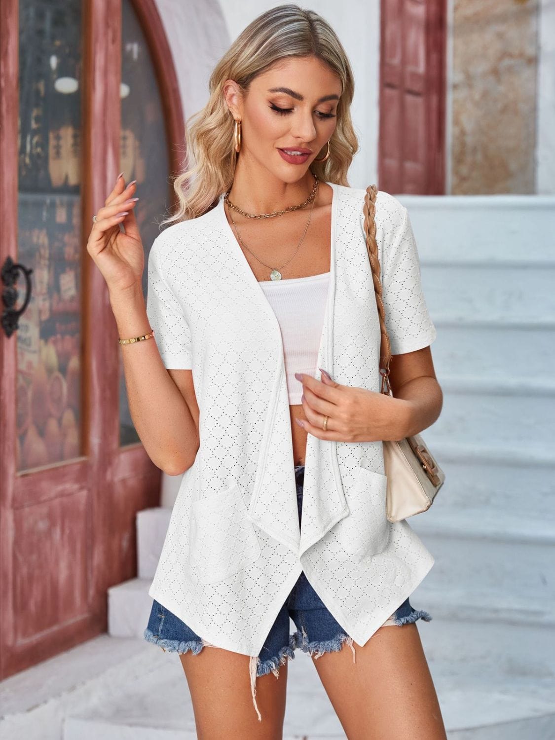 Trendsi Eyelet Open Front Short Sleeve Cover Up Eyelet Open Front Short Sleeve Cover Up