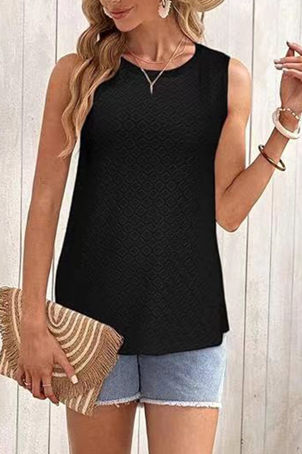 Trendsi Eyelet Round Neck Tank Eyelet Round Neck Tank