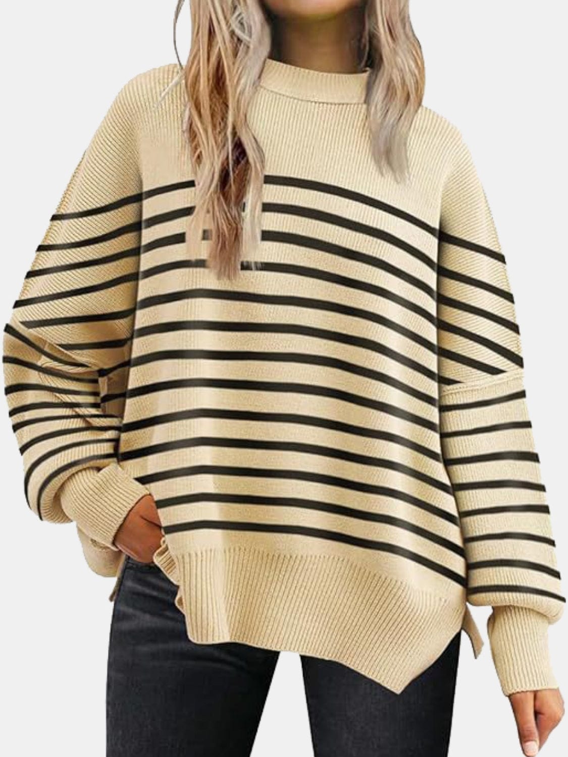 Trendsi Fall Apricot/Black / S Round Neck Drop Shoulder Slit Sweater Round Neck Drop Shoulder Slit Sweater
