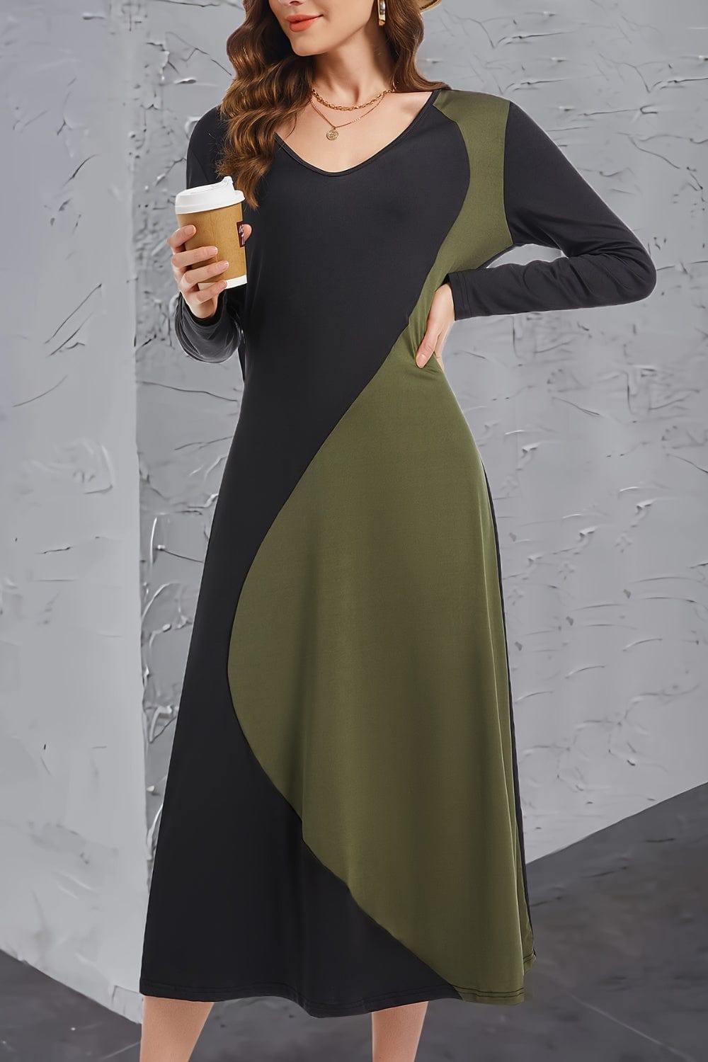 Trendsi Fall Army Green / S Contrast Long Sleeve Midi Dress Contrast Long Sleeve Midi Dress