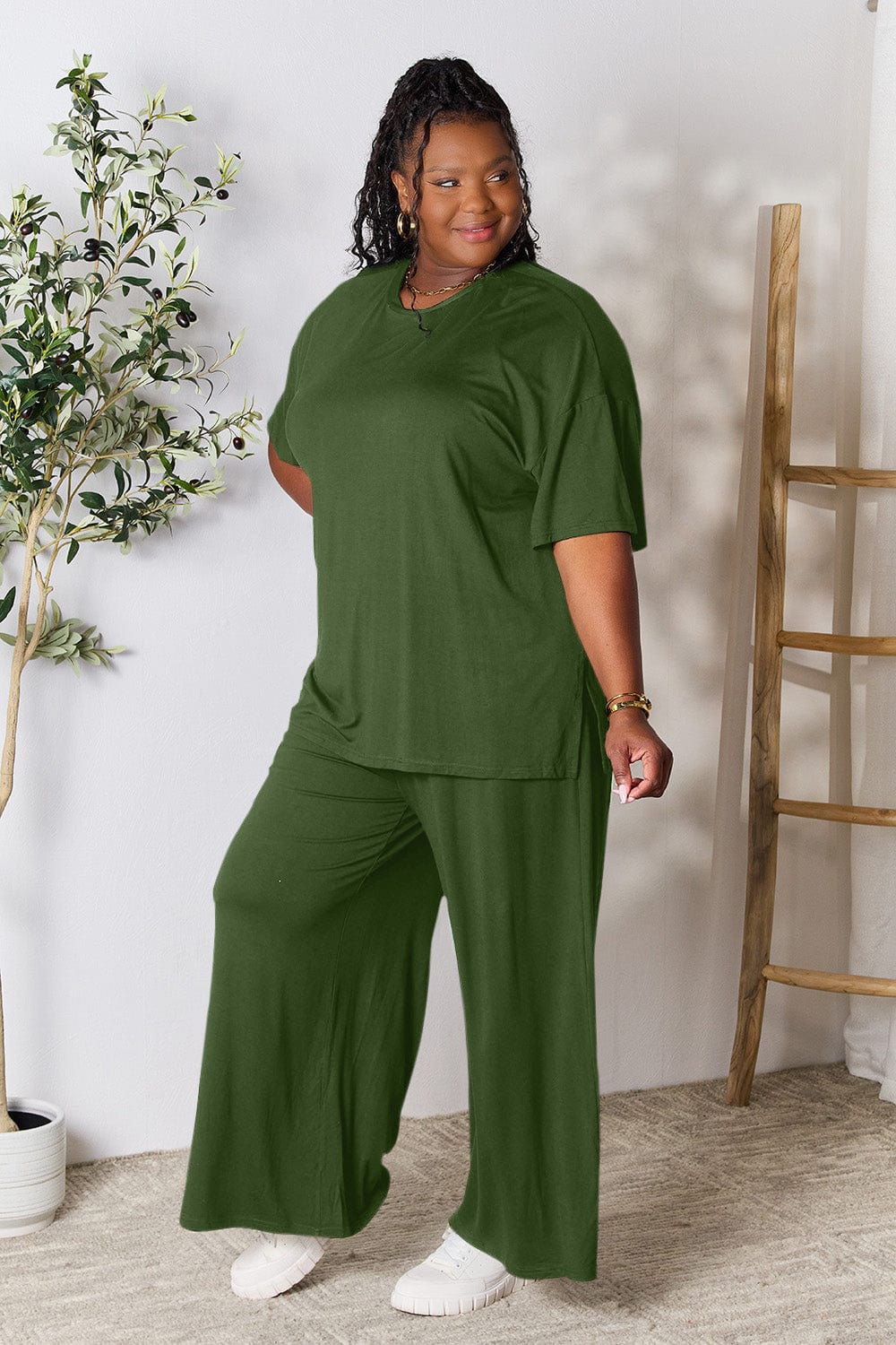 Trendsi Fall Army Green / S Double Take Full Size Round Neck Slit Top and Pants Set Double Take Full Size Round Neck Slit Top and Pants Set