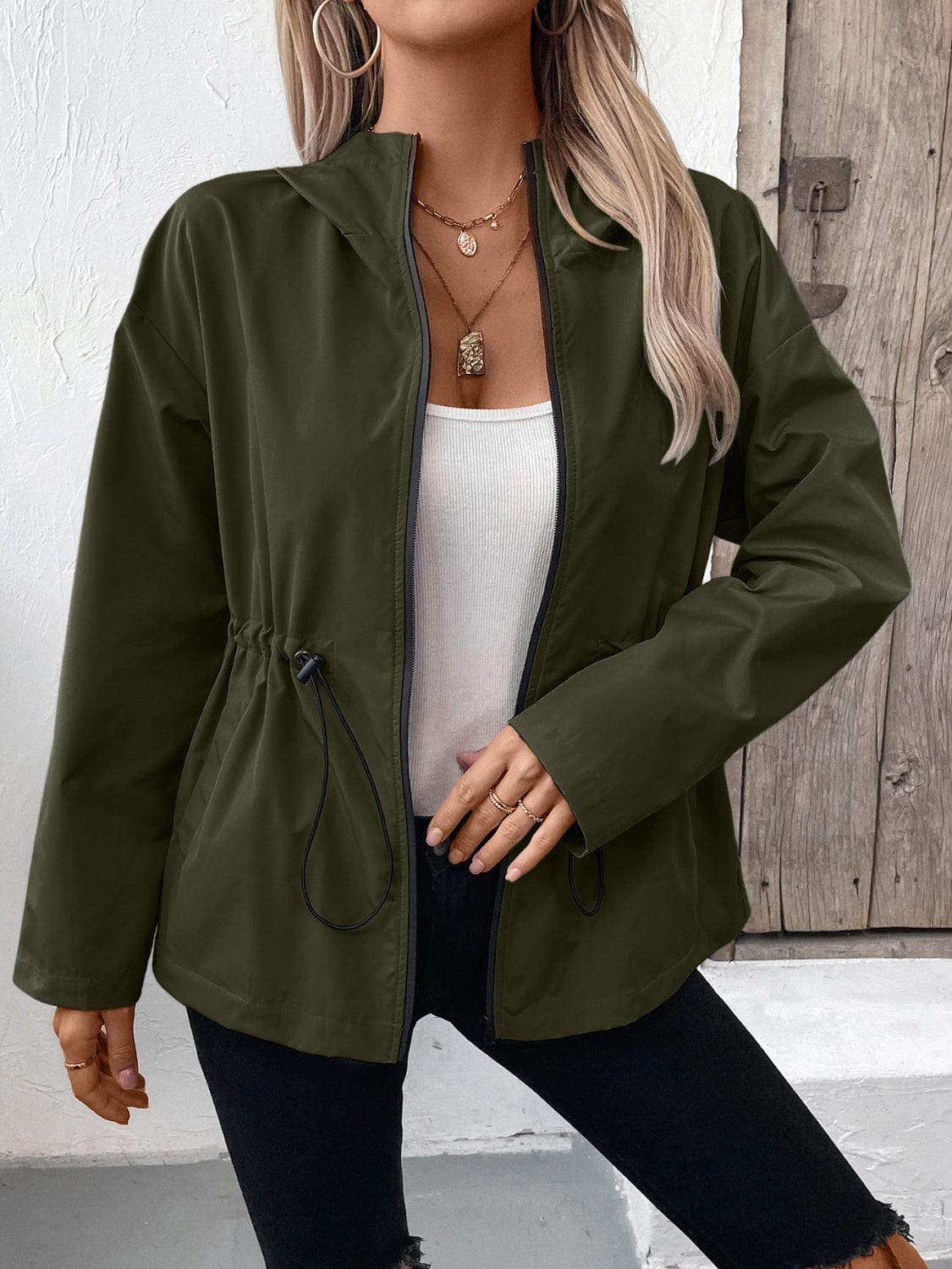 Trendsi Fall Army Green / S Drawstring Zip Up Hooded Jacket Drawstring Zip Up Hooded Jacket