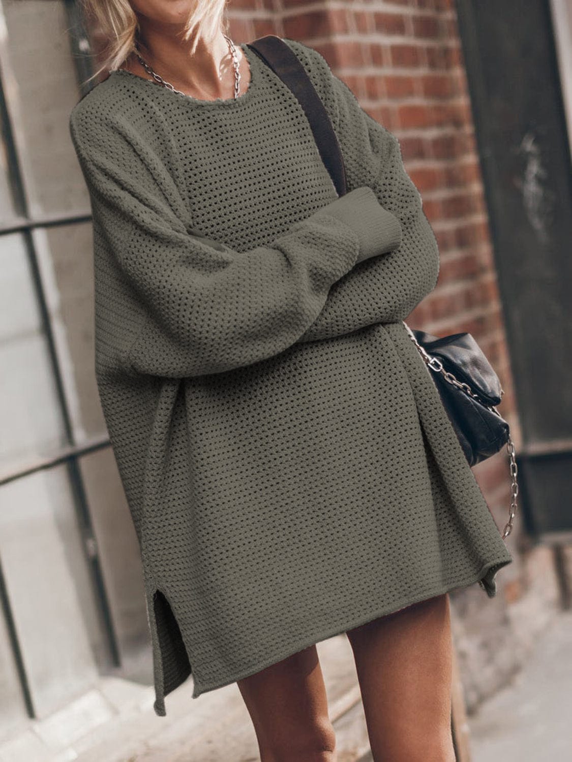Trendsi Fall Army Green / S Openwork Round Neck Long Sleeve Slit Sweater Openwork Round Neck Long Sleeve Slit Sweater