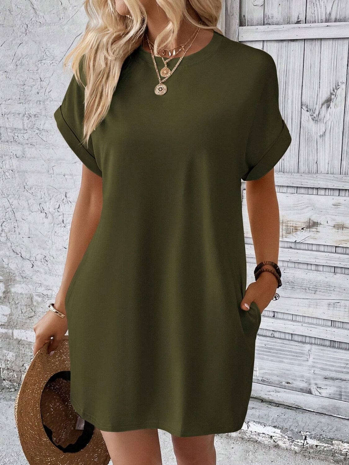 Trendsi Fall Army Green / S Round Neck Short Sleeve Mini Dress Round Neck Short Sleeve Mini Dress