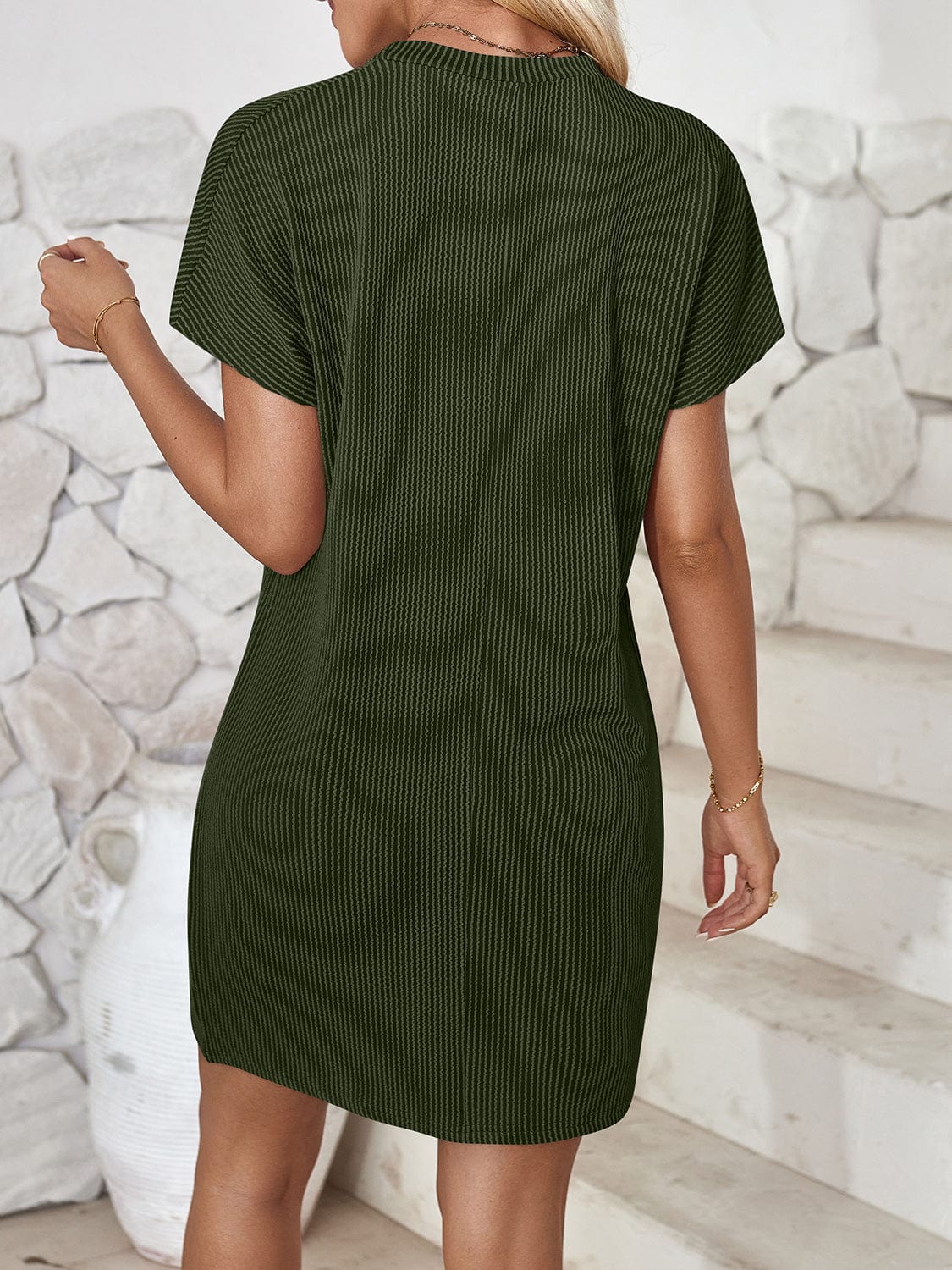 Trendsi Fall Army Green / S Round Neck Short Sleeve Mini Dress Round Neck Short Sleeve Mini Dress