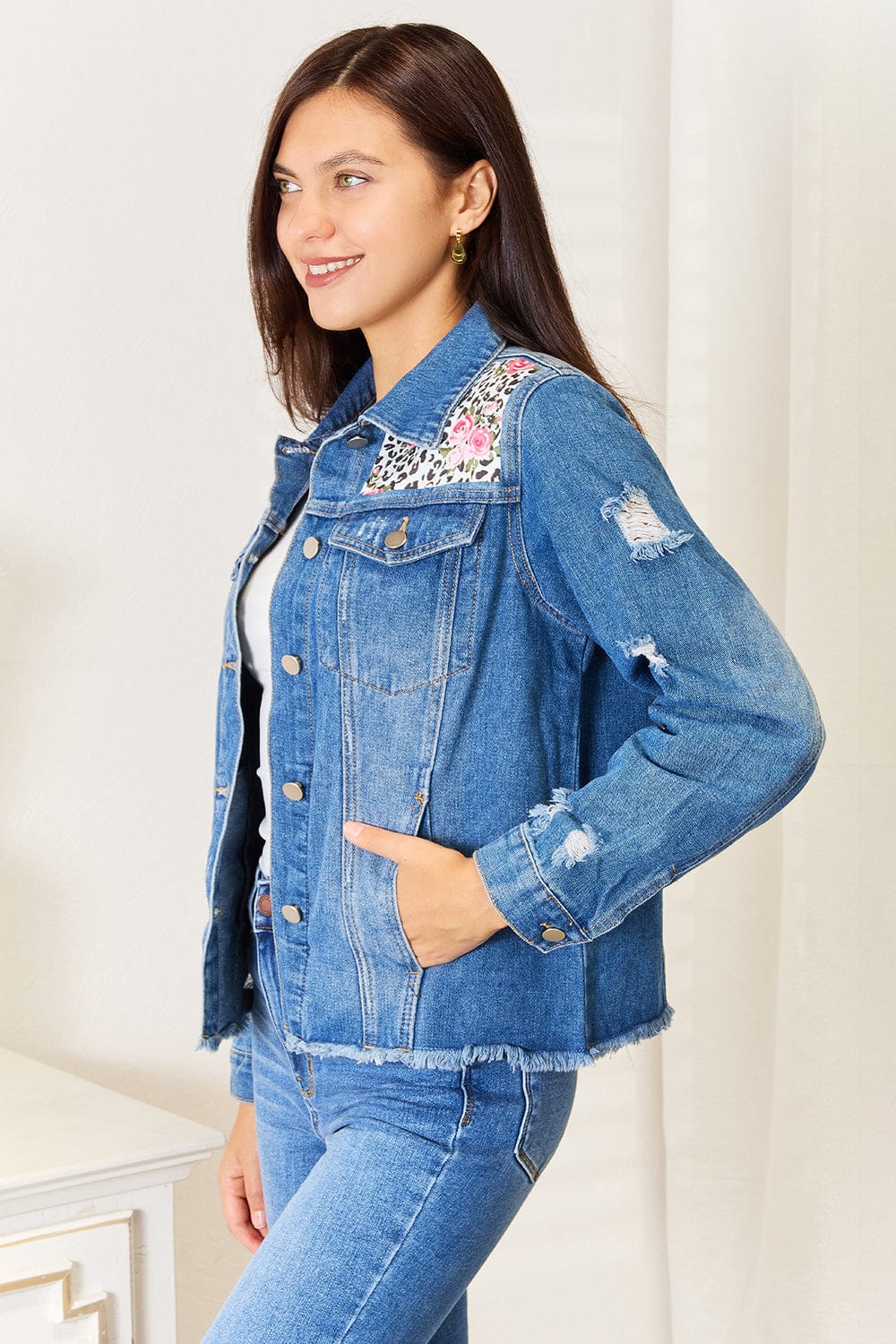 Trendsi Fall Baeful Leopard Floral Distressed Raw Hem Denim Jacket Baeful Leopard Floral Distressed Raw Hem Denim Jacket