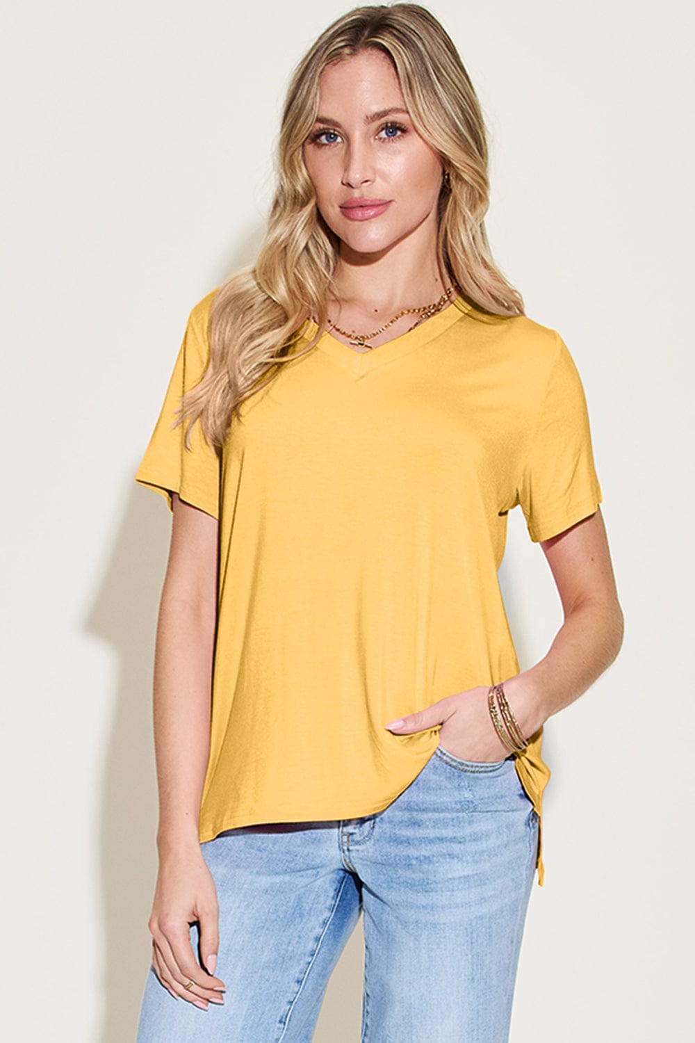 Trendsi Fall Basic Bae Bamboo Full Size V-Neck High-Low T-Shirt Basic Bae Bamboo Full Size V-Neck High-Low T-Shirt