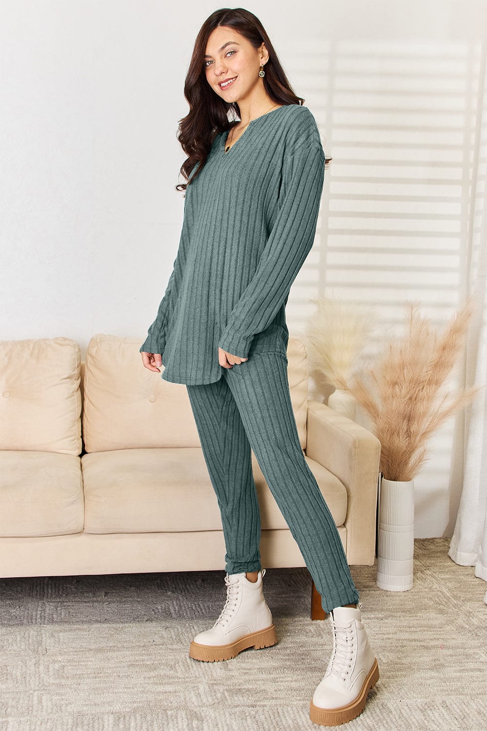 Trendsi Fall Basic Bae Full Size Notched Long Sleeve Top and Pants Set Basic Bae Full Size Notched Long Sleeve Top and Pants Set