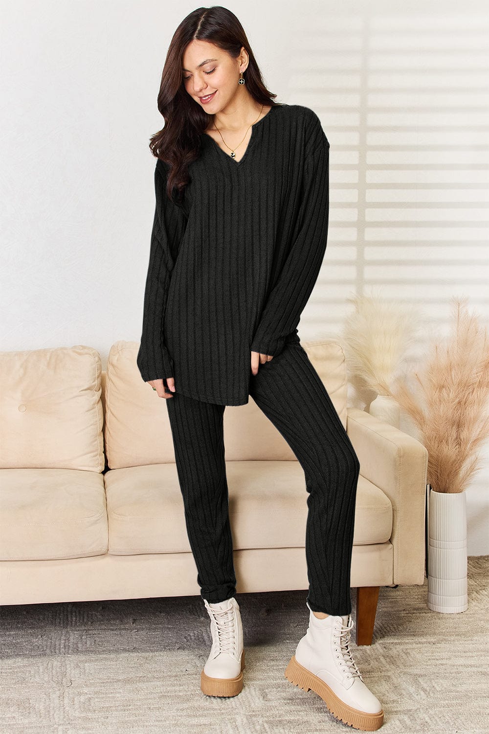Trendsi Fall Basic Bae Full Size Notched Long Sleeve Top and Pants Set Basic Bae Full Size Notched Long Sleeve Top and Pants Set