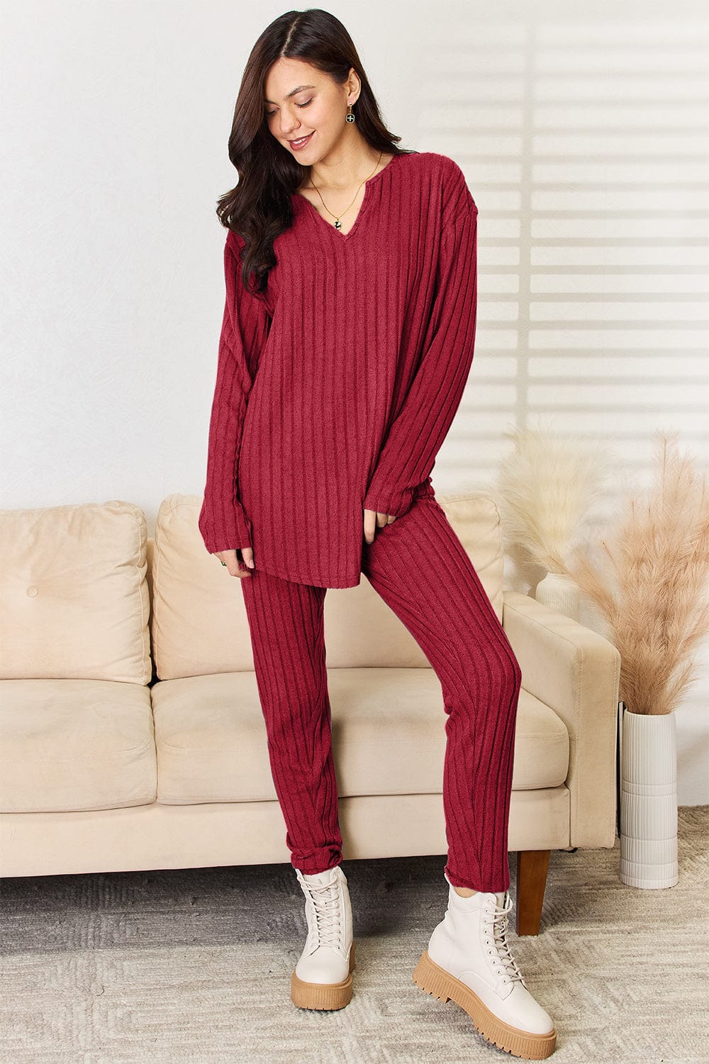 Trendsi Fall Basic Bae Full Size Notched Long Sleeve Top and Pants Set Basic Bae Full Size Notched Long Sleeve Top and Pants Set