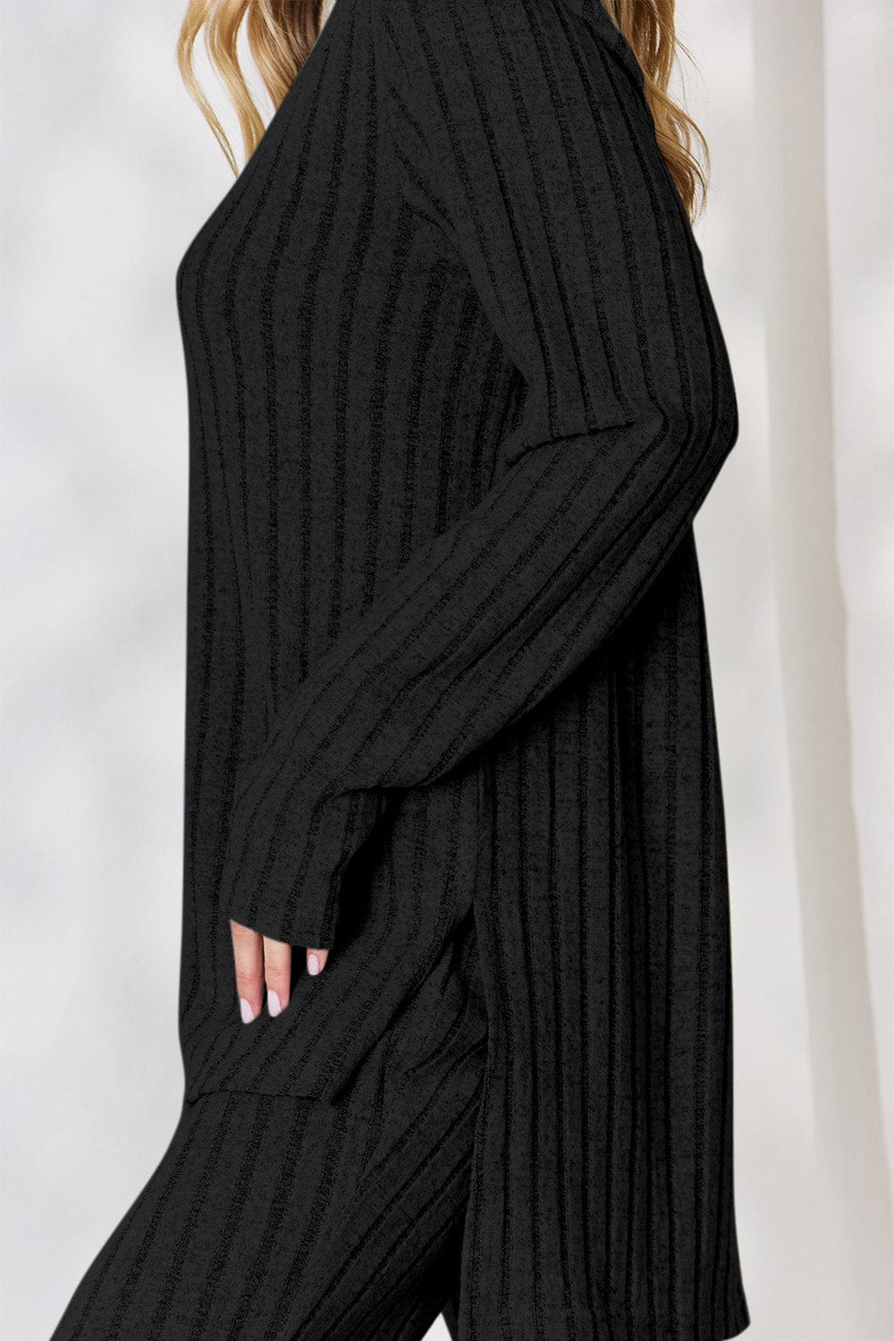 Trendsi Fall Basic Bae Full Size Ribbed High-Low Top and Wide Leg Pants Set Basic Bae Full Size Ribbed High-Low Top and Wide Leg Pants Set