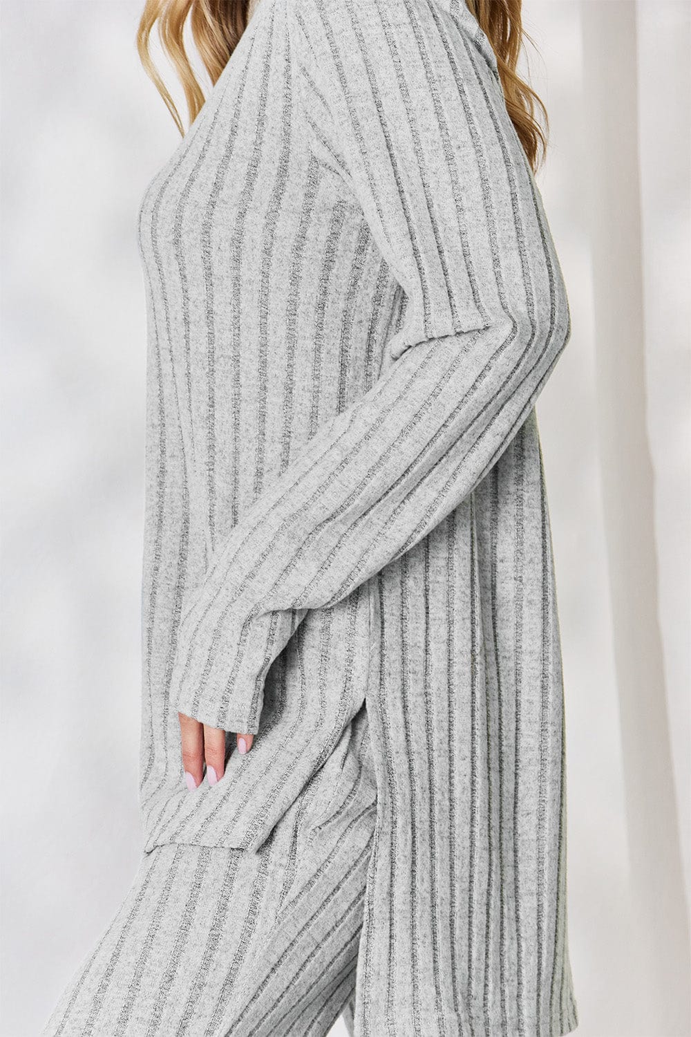 Trendsi Fall Basic Bae Full Size Ribbed High-Low Top and Wide Leg Pants Set Basic Bae Full Size Ribbed High-Low Top and Wide Leg Pants Set