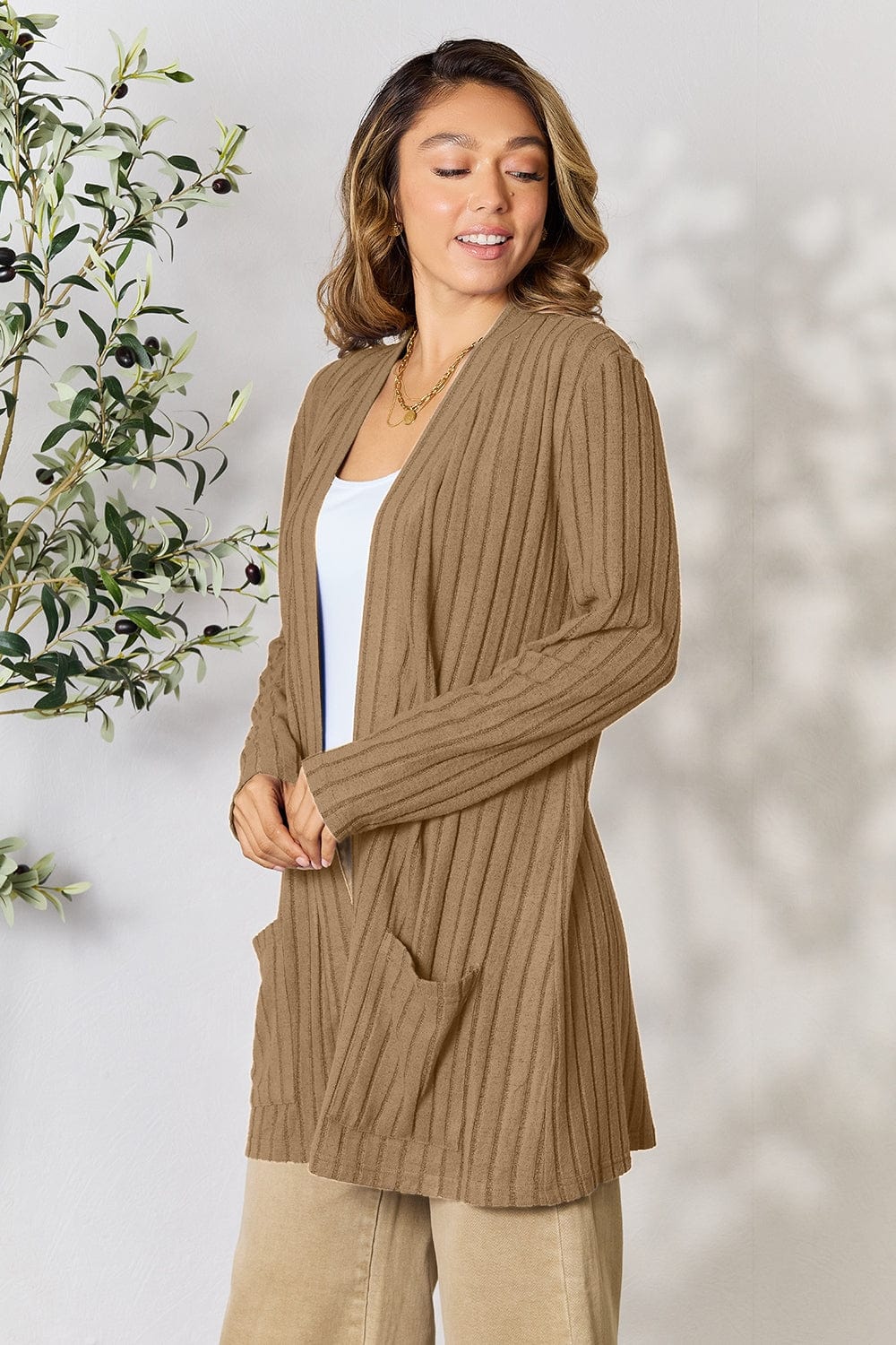 Trendsi Fall Basic Bae Full Size Ribbed Open Front Cardigan with Pockets Basic Bae Full Size Ribbed Open Front Cardigan with Pockets