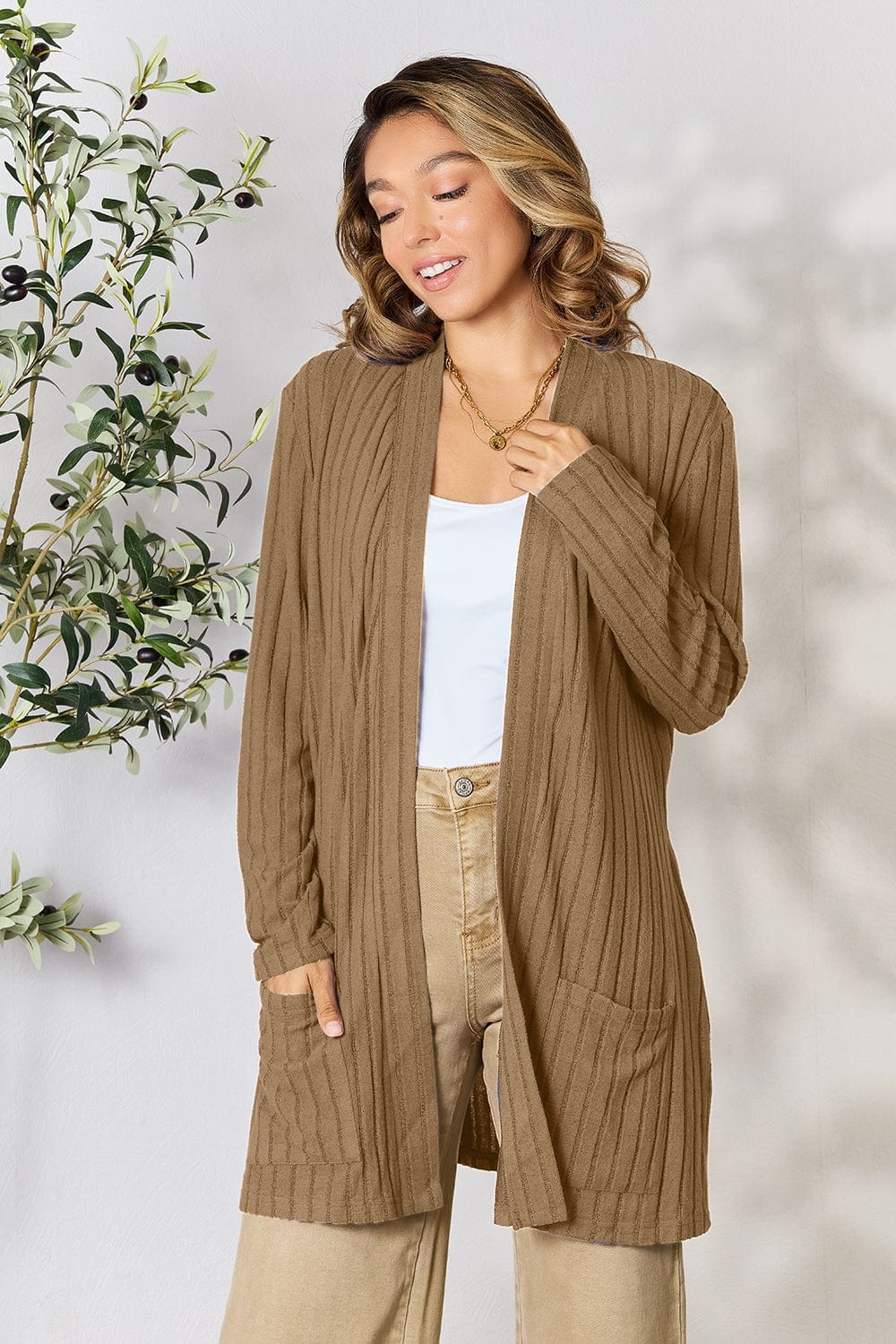 Trendsi Fall Basic Bae Full Size Ribbed Open Front Cardigan with Pockets Basic Bae Full Size Ribbed Open Front Cardigan with Pockets