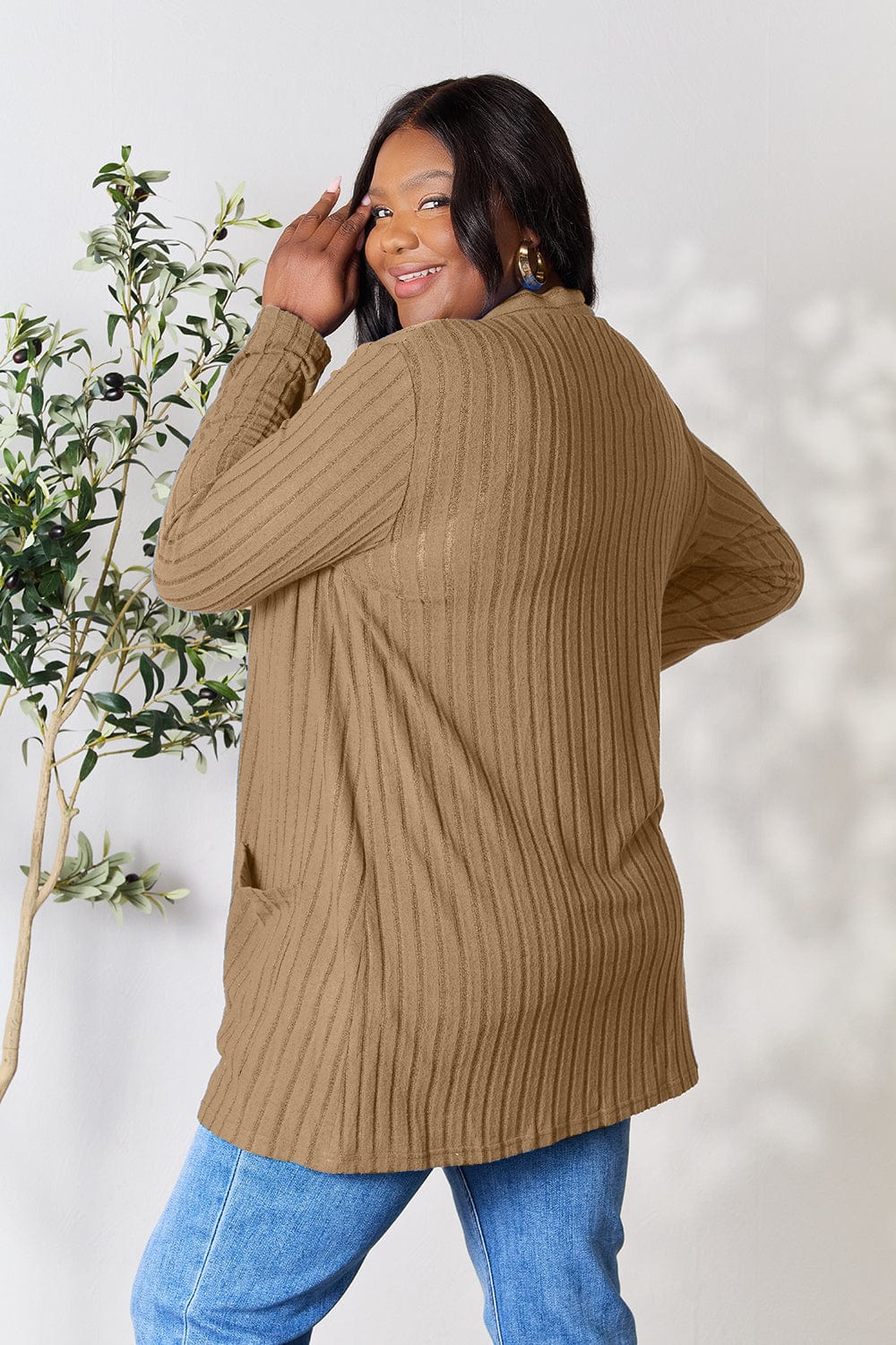 Trendsi Fall Basic Bae Full Size Ribbed Open Front Cardigan with Pockets Basic Bae Full Size Ribbed Open Front Cardigan with Pockets