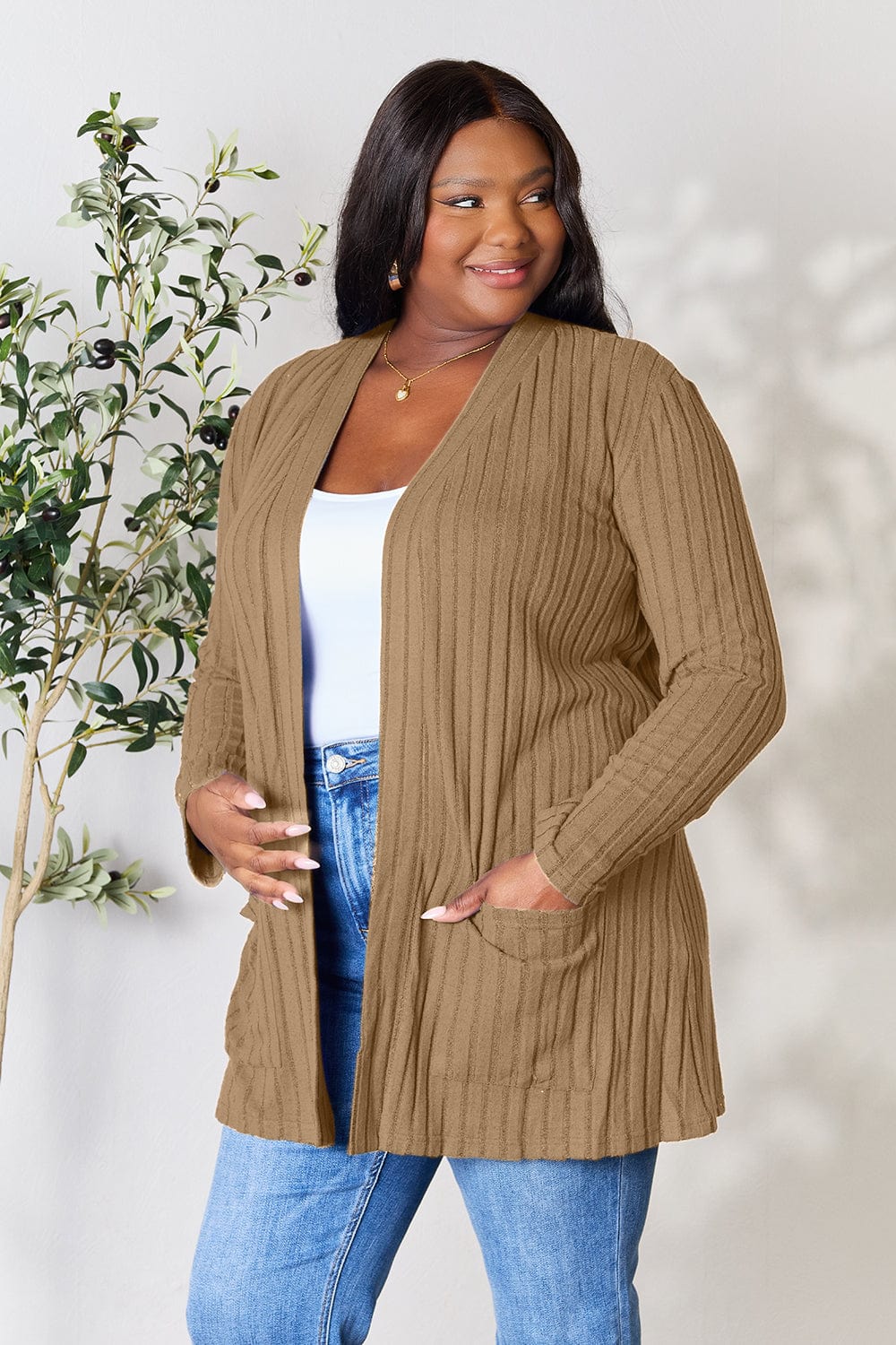Trendsi Fall Basic Bae Full Size Ribbed Open Front Cardigan with Pockets Basic Bae Full Size Ribbed Open Front Cardigan with Pockets