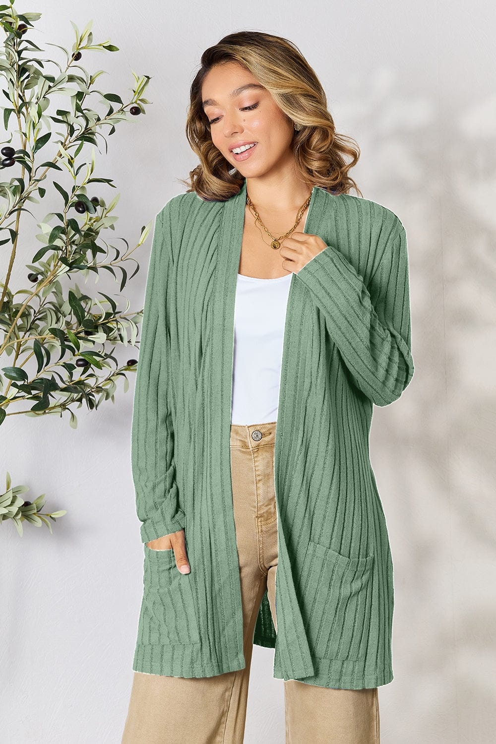 Trendsi Fall Basic Bae Full Size Ribbed Open Front Cardigan with Pockets Basic Bae Full Size Ribbed Open Front Cardigan with Pockets