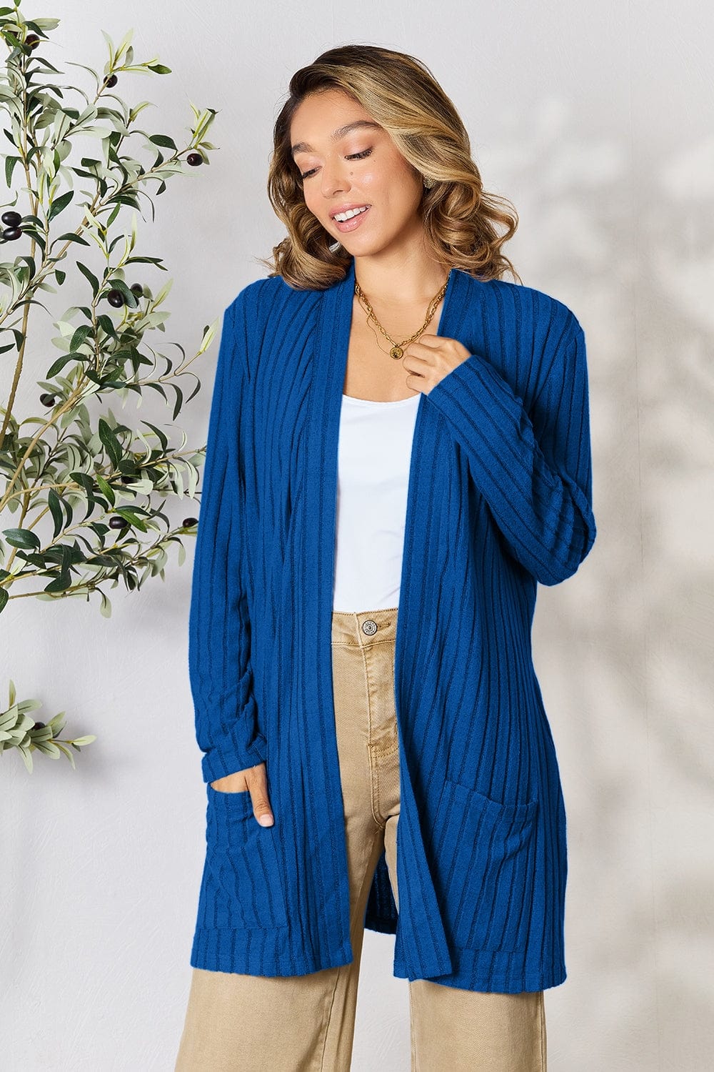 Trendsi Fall Basic Bae Full Size Ribbed Open Front Cardigan with Pockets Basic Bae Full Size Ribbed Open Front Cardigan with Pockets