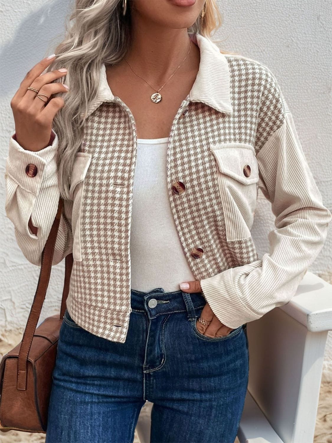 Trendsi Fall Beige / M Pocketed Houndstooth Long Sleeve Jacket Pocketed Houndstooth Long Sleeve Jacket
