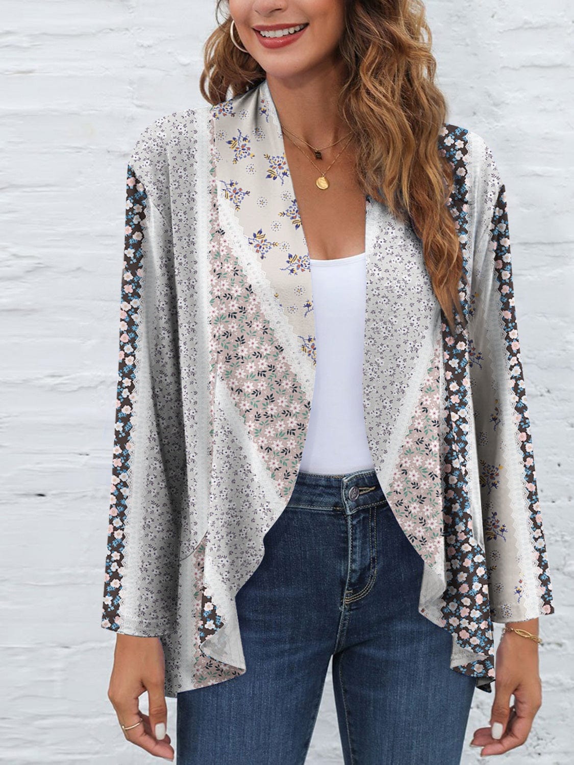 Trendsi Fall Beige / S Printed Open Front Long Sleeve Cardigan Printed Open Front Long Sleeve Cardigan