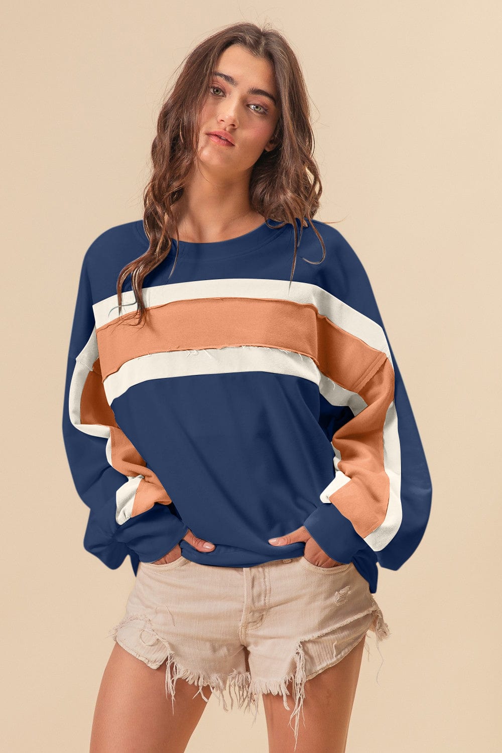 Trendsi Fall BiBi French Terry Color Block Cut Edge Detail Sweatshirt BiBi French Terry Color Block Cut Edge Detail Sweatshirt