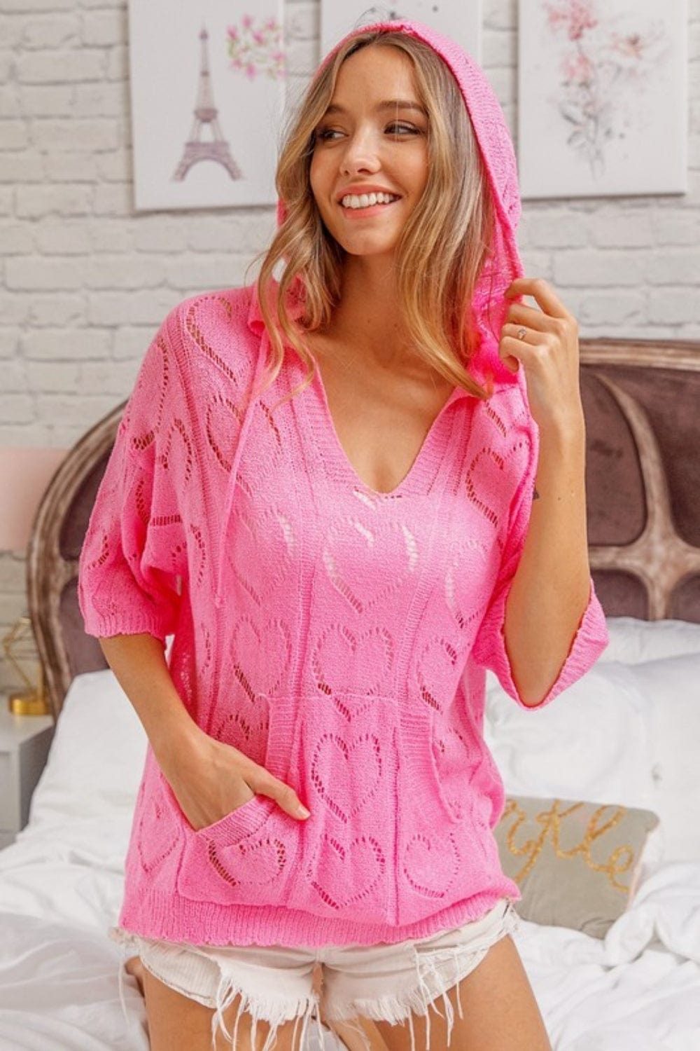 Trendsi Fall BiBi Openwork Heart Hooded Knit Top BiBi Openwork Heart Hooded Knit Top