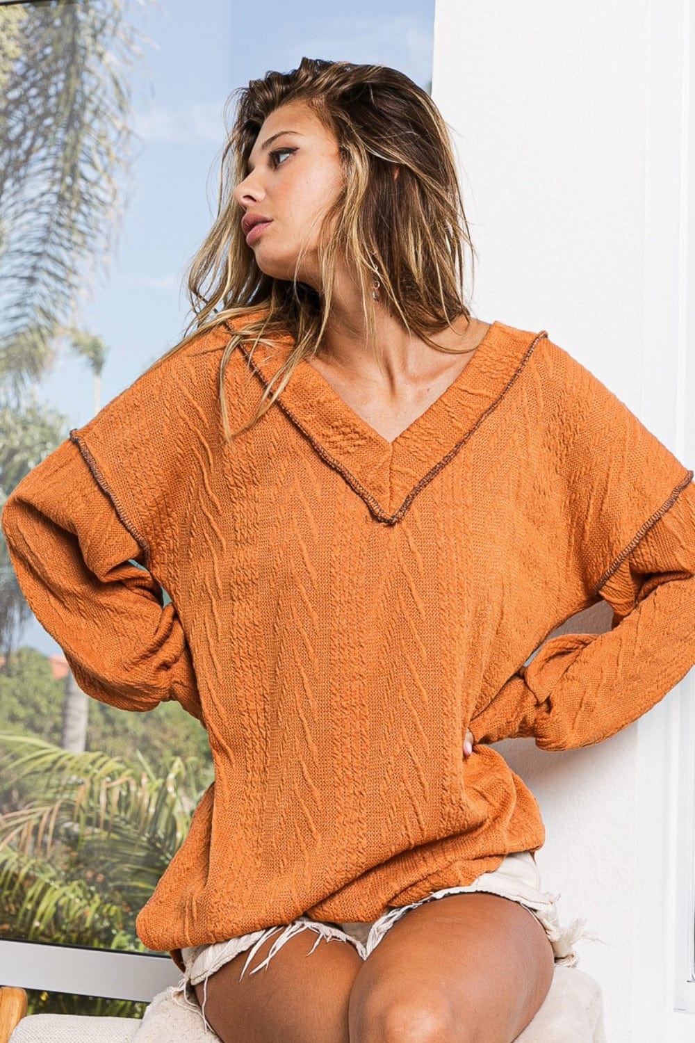 Trendsi Fall BiBi Textured Exposed Seam Drop Shoulder Knit Top BiBi Textured Exposed Seam Drop Shoulder Knit Top
