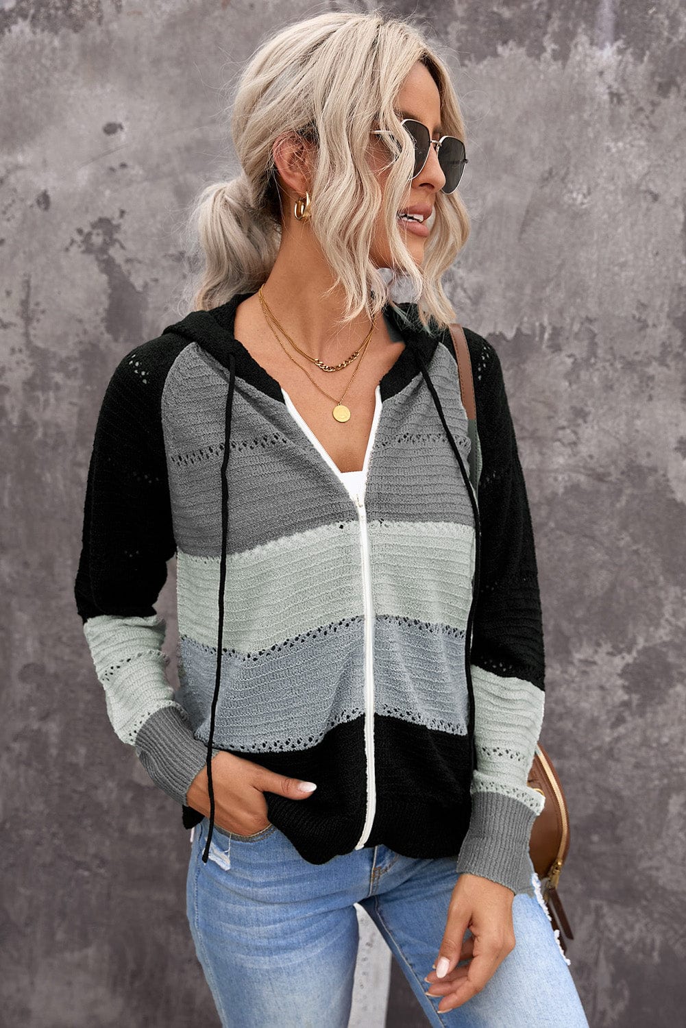 Trendsi Fall Black/Gray / S Zip-Up Raglan Sleeve Openwork Hooded Cardigan Zip-Up Raglan Sleeve Openwork Hooded Cardigan