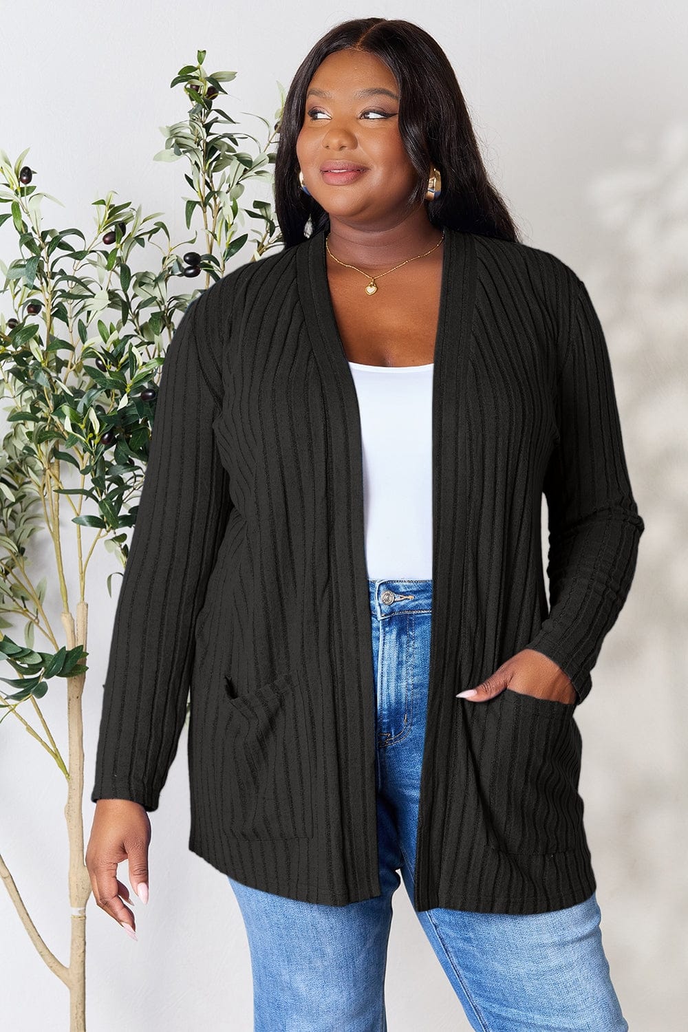 Trendsi Fall Black / S Basic Bae Full Size Ribbed Open Front Cardigan with Pockets Basic Bae Full Size Ribbed Open Front Cardigan with Pockets