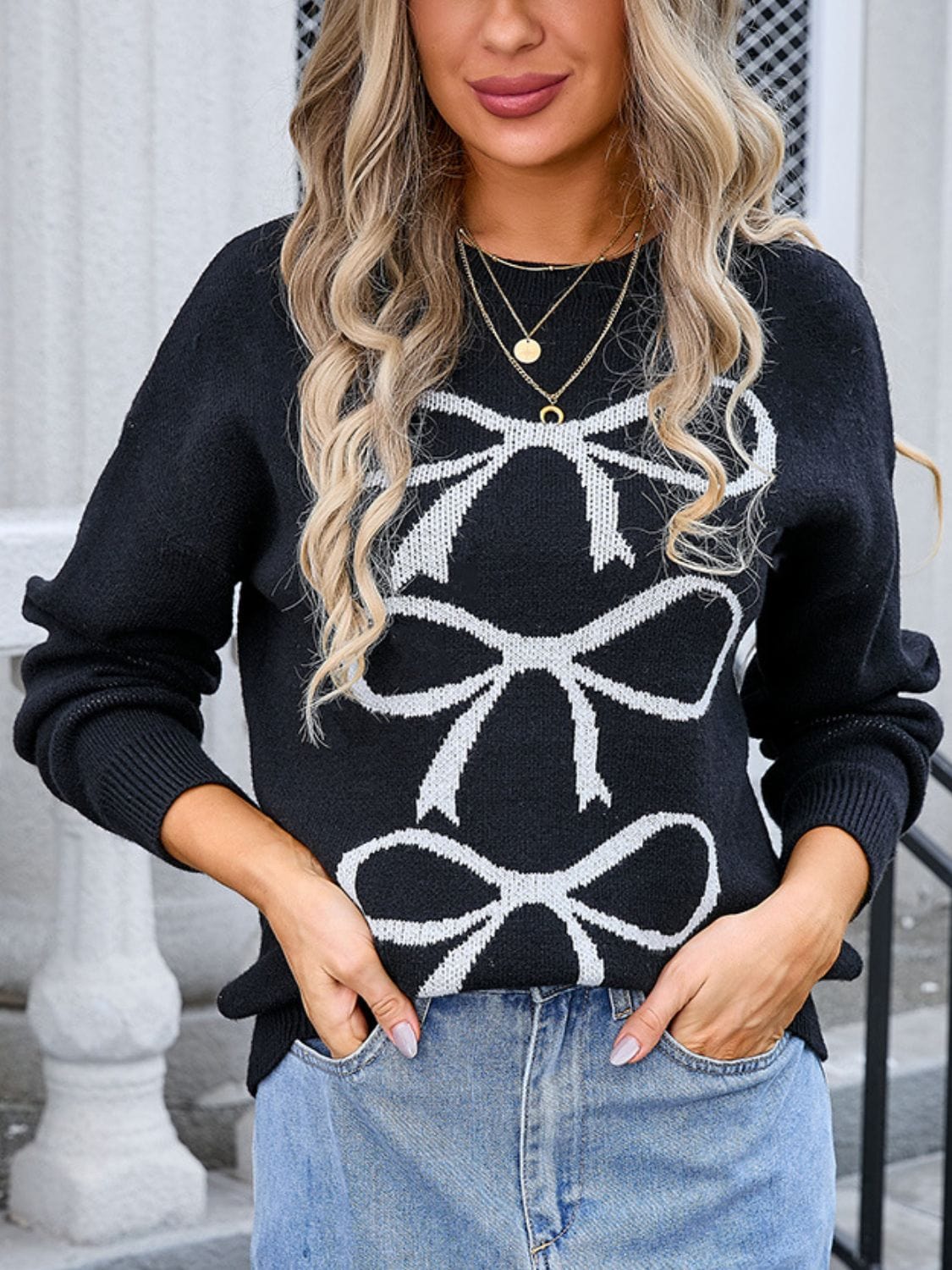 Trendsi Fall Black / S Bow Graphic Round Neck Long Sleeve Sweater Bow Graphic Round Neck Long Sleeve Sweater