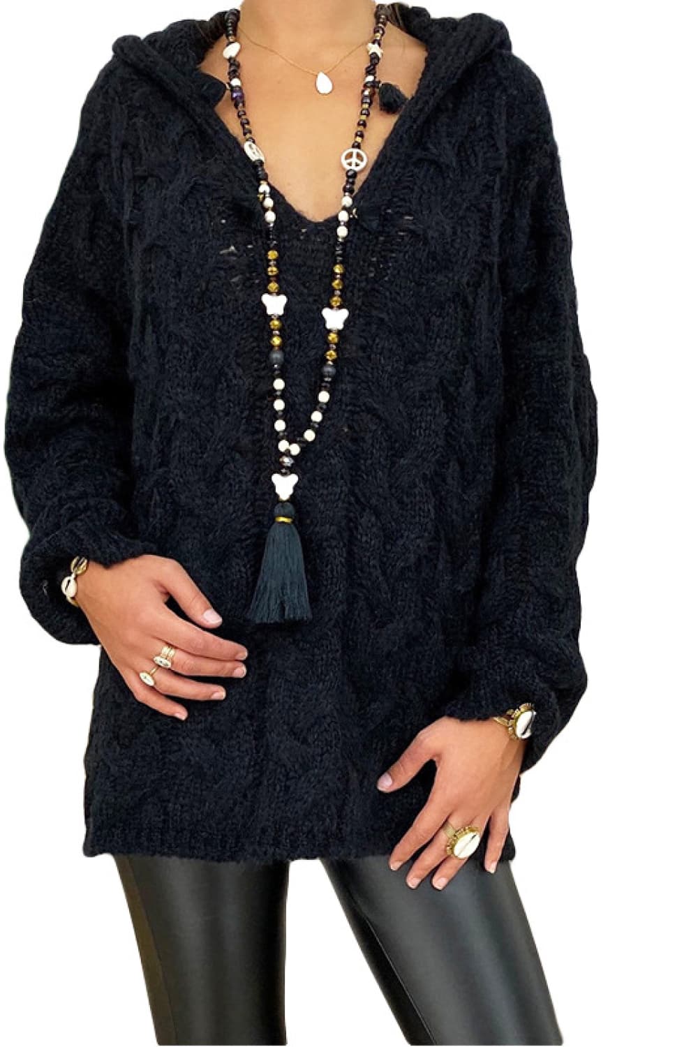 Trendsi Fall Black / S Cable-Knit Hooded Sweater Cable-Knit Hooded Sweater